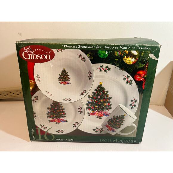 Gibson Noel Morning Christmas 16 Piece Stoneware Set Dinner Plates Bowls Cups - Picture 1 of 6